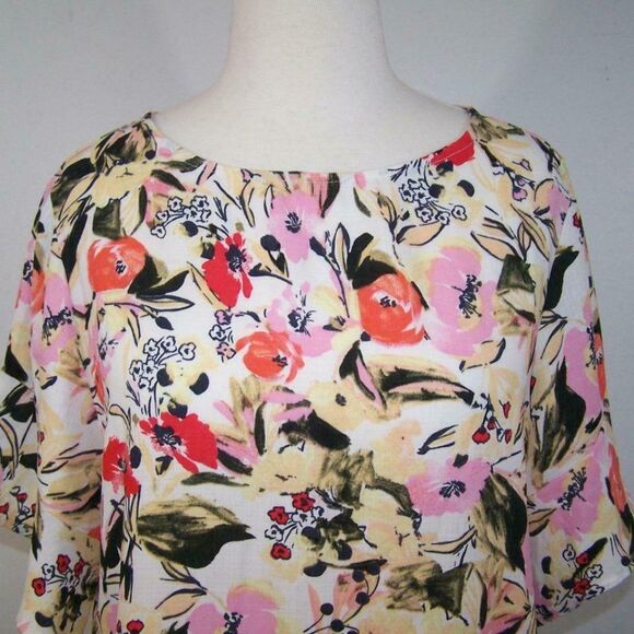 Ellen Tracy Shirt Large Floral Short Flutter Sleeves Keyhole Womens Blouse Top - Picture 3 of 9